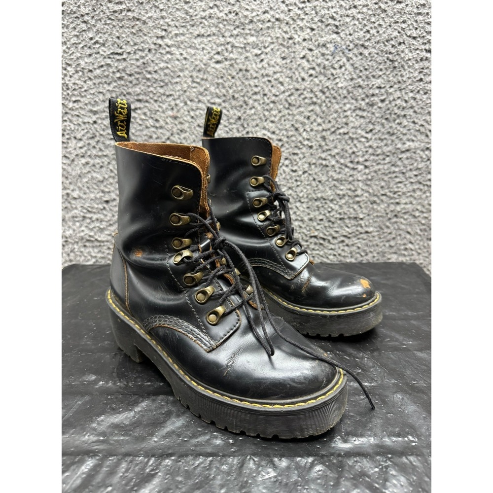Dr. Martens Leona Vintage Smooth Leather Heeled Boots Black Womens Size 7 US
